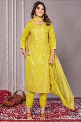 costume pantalon droit brodé en coton jaune avec dupatta SK154920