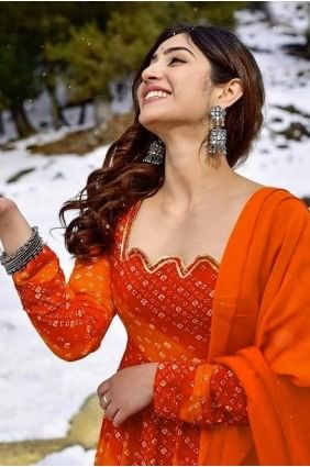 orange gown dress with printed rayon GW1027