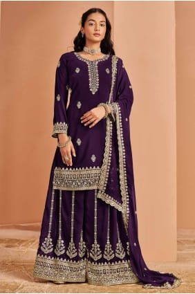 Costume palazzo violet en georgette brodé PZ4088