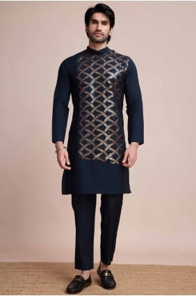 Kurta Homme Soie Brodée Nevy bleu KURR391