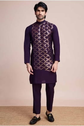 Kurta violet pour hommes avec soie brodée KURR393