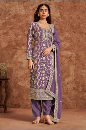 SALWAR KAMEEZ LAVANDE EN SOIE BRODÉE SK154953