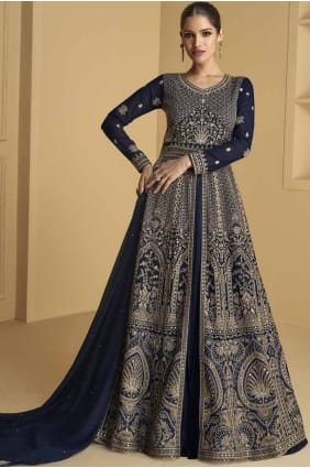 Costume Aïd Anarkali brodé en georgette bleue avec dupatta AS4010