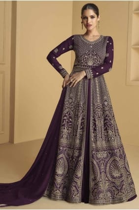 costume anarkali violet eid en georgette brodée AS4013
