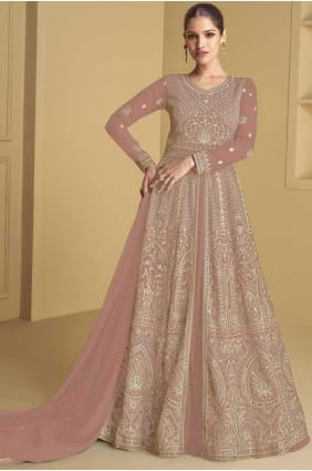 Costume Eid Anarkali en Georgette avec broderies en pêche AS4014