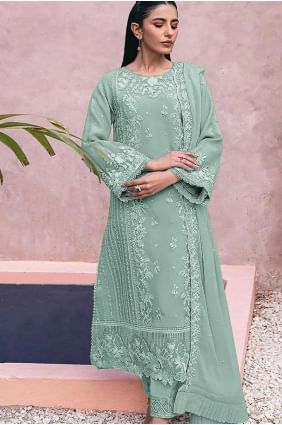 Georgette EID SALWAR KAMEEZ vert d’eau en brodé SK154957