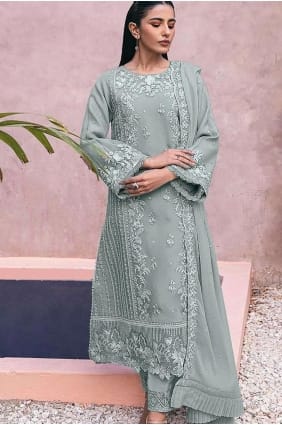 georgette brodée gris eid salwar kameez avec dupatta SK154959