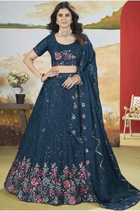 teal blue embroidered chinon chiffon wedding lehenga choli LC8192