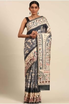 sari gris en coton imprimé SR27950