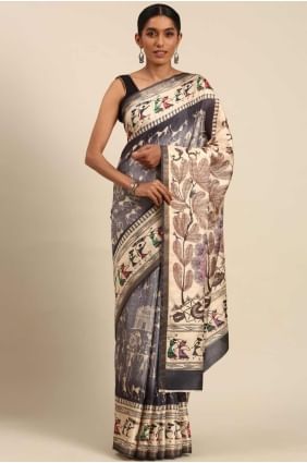 sari en coton gris avec imprimé SR27964
