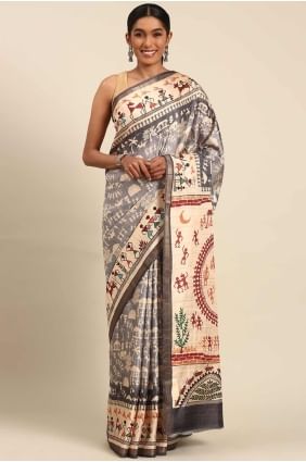 sari en coton gris avec imprimé SR27968