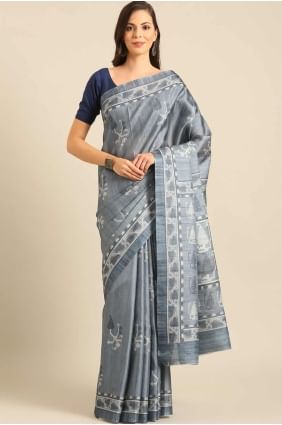 sari bleu en coton avec impression numérique SR27972