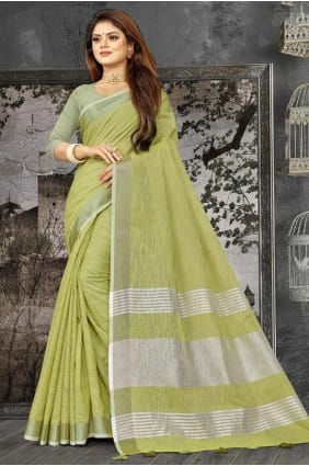 sari vert avec tissage de lin SR27980