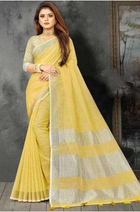 tissage de sari en lin jaune SR27983