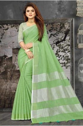 sari vert en tissage de lin SR27986