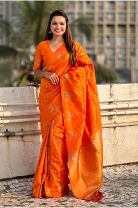 sari orange avec tissage de soie SR27999