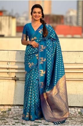 sari tissé bleu en soie SR28000