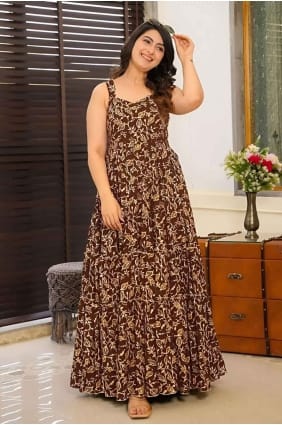 brown gown dress with digital print rayon GW1034
