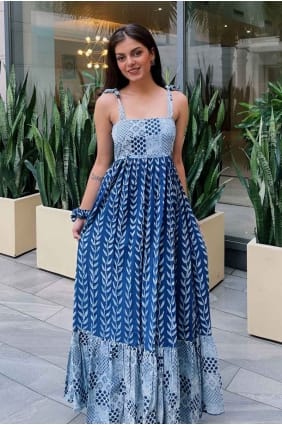 blue digital print rayon gown dress GW1035