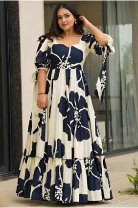 digital print rayon gown dress in blue GW1037