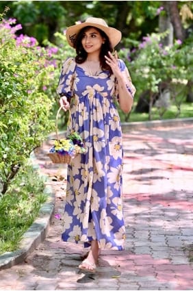 blue gown dress with digital print rayon GW1041