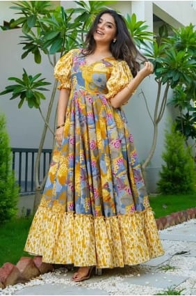 rayon gown dress with digital print in mustard GW1042