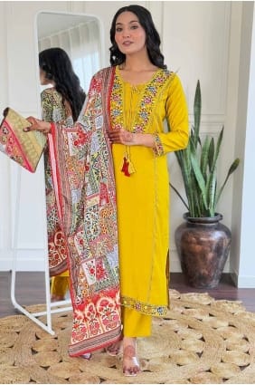 salwar kameez in mustard viscose with printed SK154982