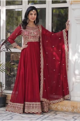 maroon gown dress in embroidered faux georgette GW1043