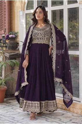 faux georgette embroidered wine gown dress with dupatta GW1044