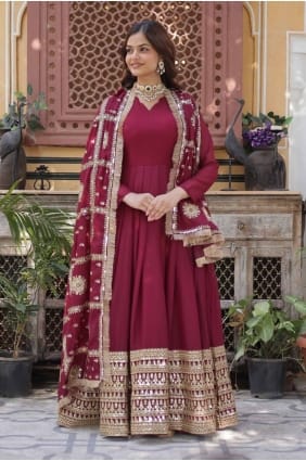 embroidered georgette gown dress in maroon with dupatta GW1047