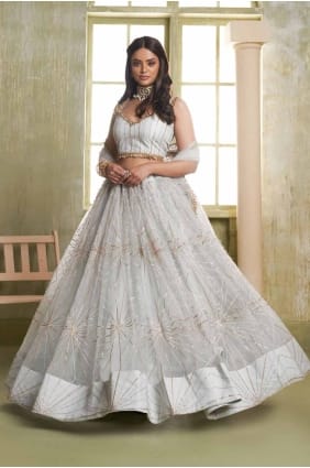Lehenga choli brodé gris clair en résille LC8212