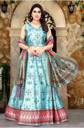 lehenga choli in sky blue satin with digital printl print LC8223