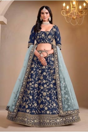 Lehenga choli en soie d’art brodé bleu LC8227