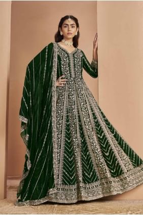 Costume Eid Anarkali en fausse georgette brodé en vert AS4023
