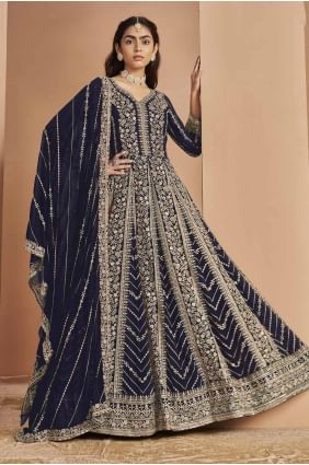 costume anarkali eid en georgette synthétique brodée en bleu avec dupatta AS4025