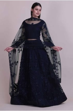 Filet bleu brodé lehenga choli de mariage avec dupatta LC8230