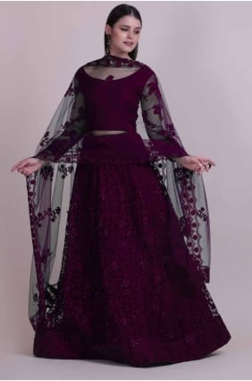 net wedding lehenga choli with embroidered in purple LC8231