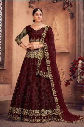 embroidered net wedding lehenga choli in maroon LC8233
