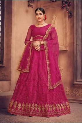 embroidered net wedding lehenga choli in pink with dupatta LC8234