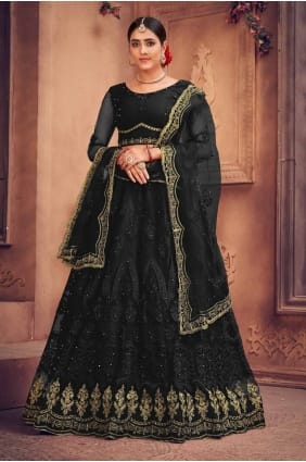 embroidered net wedding lehenga choli in black LC8235