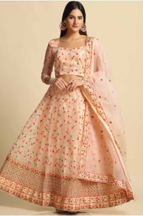 peach embroidered net wedding lehenga choli LC8238