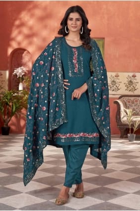 Salwar Kameez en georgette bleu sarcelle avec broderie SK155031