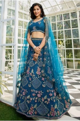 blue net embroidered party lehenga choli with dupatta LC8254