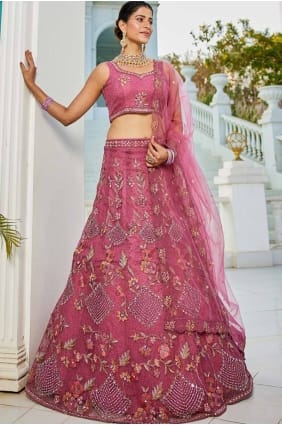 net party lehenga choli in pink with embroidered LC8255