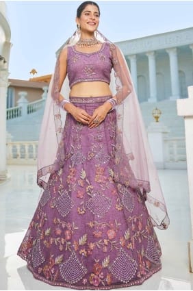 Lehenga Choli de fête en filet brodé violet LC8256