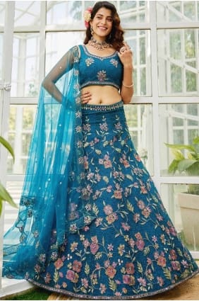 embroidered net blue party lehenga choli with dupattaa LC8261
