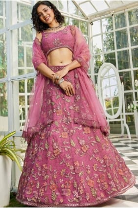net party lehenga choli with embroidered in pink LC8262