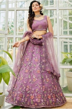 purple embroidered party lehenga choli in net LC8263