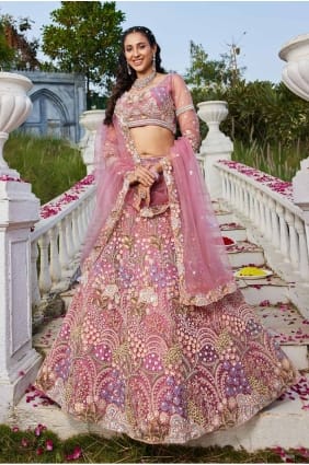 net embroidered pink bridal lehenga choli with dupatta LC8264
