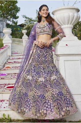embroidered net bridal lehenga choli in purple LC8265